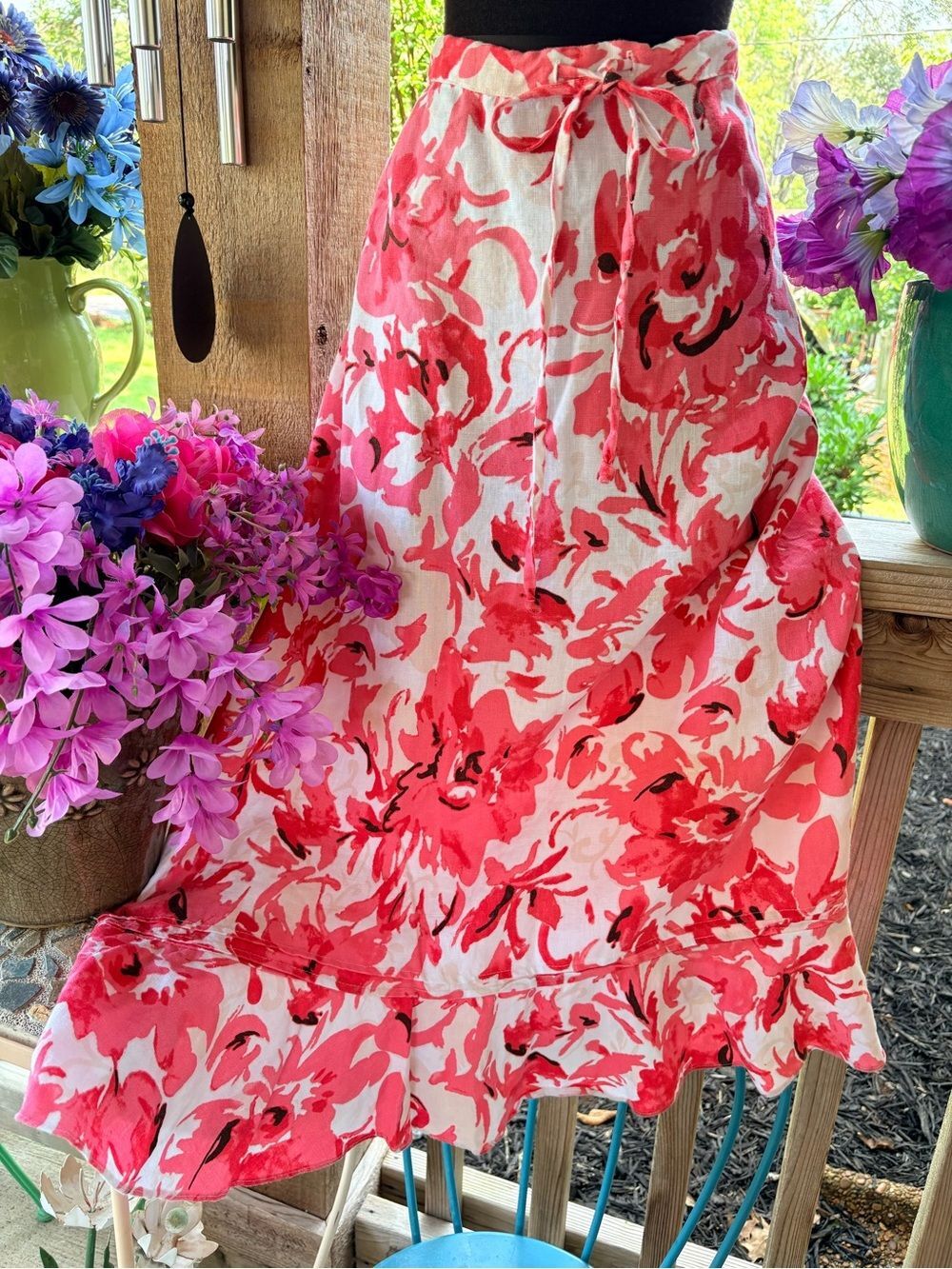 Notations Woman Pink & White Floral 100% Linen Scalloped Hem Midi Skirt 1X